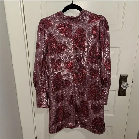 Farm Rio Hearts Sequin Long Puff Sleeve Mini Dress Sz M NWT - Picture 13 of 16